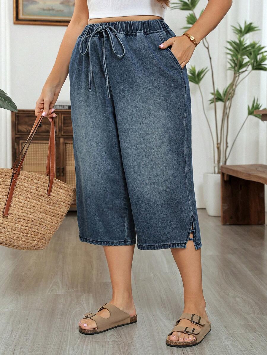 EMERY ROSE Plus Size Drawstring Tie Pocket Slit Straight Leg Ankle Pants Formal Vacation Blue Summer Casual Traditional - Blue - View 1