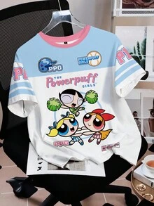 THE POWERPUFF GIRLS X SHEIN 女式休闲花朵、泡泡、毛茛图案拼色圆领短袖 T 恤，夏季 - 白色 - 查看 3