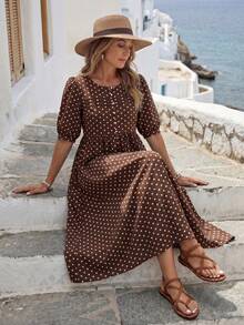 EMERY ROSE Women's Round Neck Mid-Sleeve Brown And White Polka Dot Long Dress Vacation Summer Boho - Multicolor - View 5