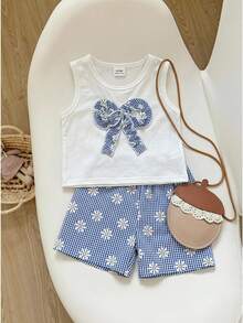SHEIN BABY GIRL Summer Blue Set Textured Sleeveless Top Blue Plaid Shorts Decorated With Blue Bows Daily Outing Essential - Blue - View 1