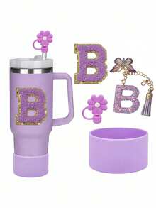 A-C 6-One Piece Cup Accessory Set, Excluding Cups And Straws (30- 40 Ounces)-Accessory Set Includes: 1 Straw Top, 1 Letter Amulet, 1 Silicone Cup Protective Base, And 1 Cup Letter Sticker, Perfect As A Daily Or Holiday Surprise Gift. - Flash Purple - View 7