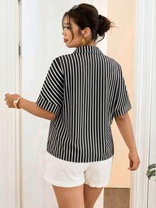 Lounesse Plus Size Women's Black And White Casual Commute Short Sleeve Fashion T-Shirt, Versatile T-Shirt, Summer Short Set, Vacation Curvy Figure Office - Black and White - View 3