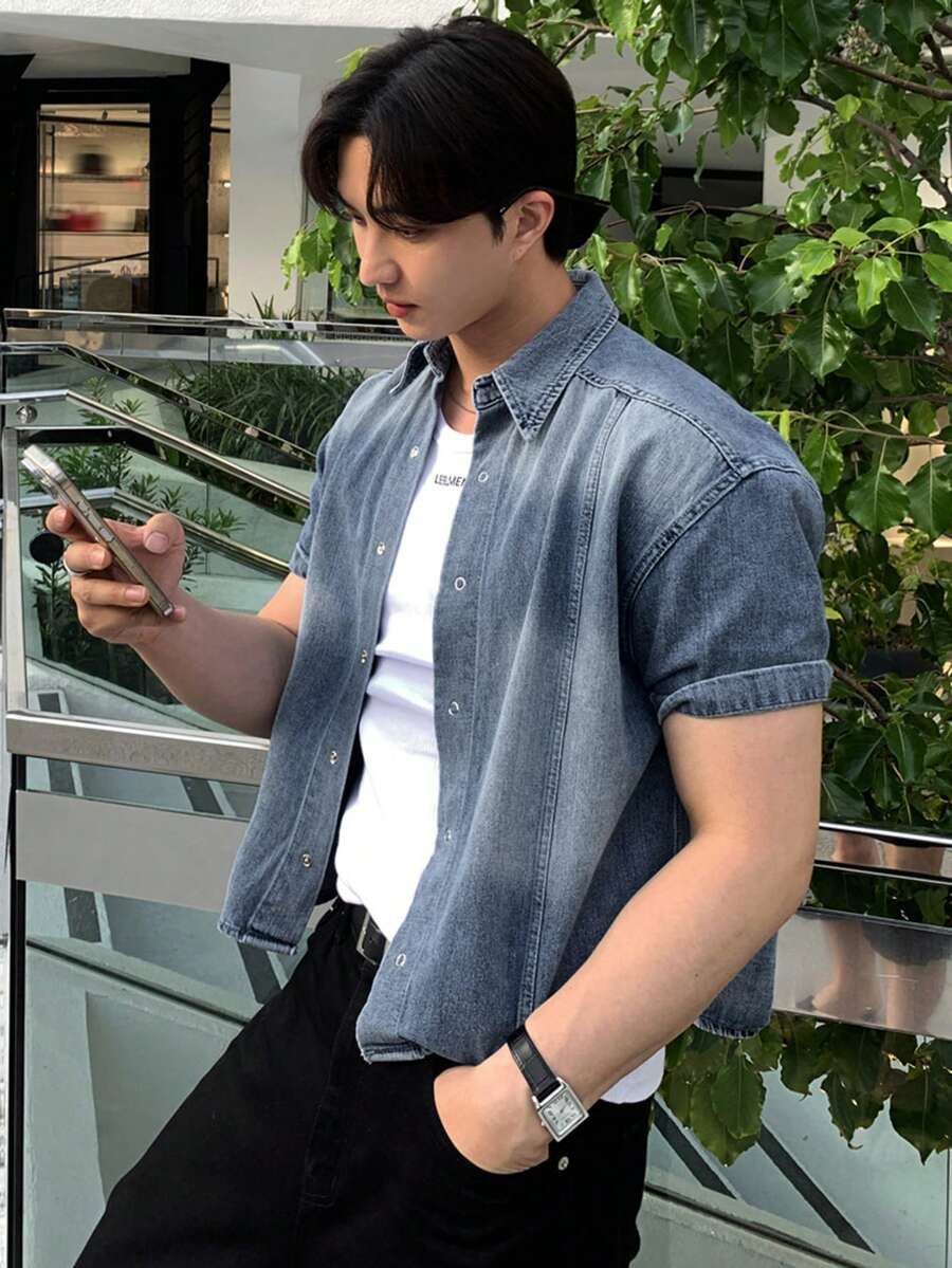 DAZY Chaqueta vaquera de hombre de verano azul sólido con efecto lavado y desgastado - Azul - Ver 1