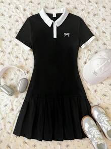 SHEIN 青少年女孩休閒日常百搭舒適翻領拼接拼色 Polo 洋裝 - 黑與白 - 查看 2