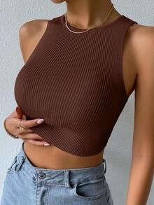 Breezaya Nervürlü Örgü Sade Gündelik Women Knit Tops - Kahve Kahverengi - Görünüm 7
