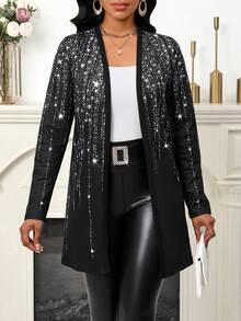 SHEIN Lady Simple Shiny Print Front Open Coat Suitable For Autumn And Winter Halloween Plus Size Valentine's Day Gifts Festival Women Wedding Guest Concert Black - Black - View 4