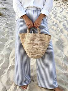 Vaclyn Women's Casual Vacation Style Striped Wide Leg Loose Long Pants - Blue - View 3