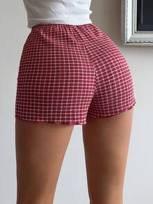 DAZY 女款格紋休閒日常居家短褲睡褲 夏款 - 紅白色 - 查看 2