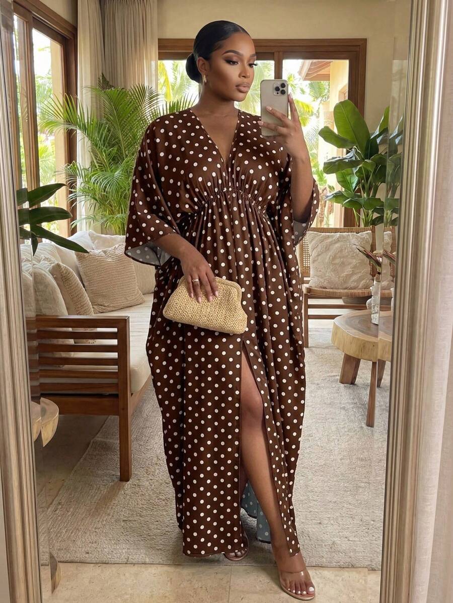 SHEIN Lady Plus Size Elegant Brown Polka Dot Robe, Summer All-Over Print Deep V-Neck Slit High Waist Vacation Dress, Tropical Hawaiian Style - Multicolor - View 1