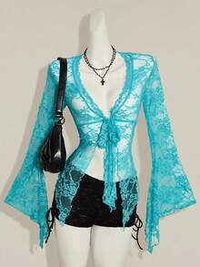 SHEIN ICON Y2k 女款西式鄉村音樂會波希米亞嬉皮哥德風透視酒紅色性感蕾絲扭轉前襟長袖開襟衫 - 藍色 - 查看 1
