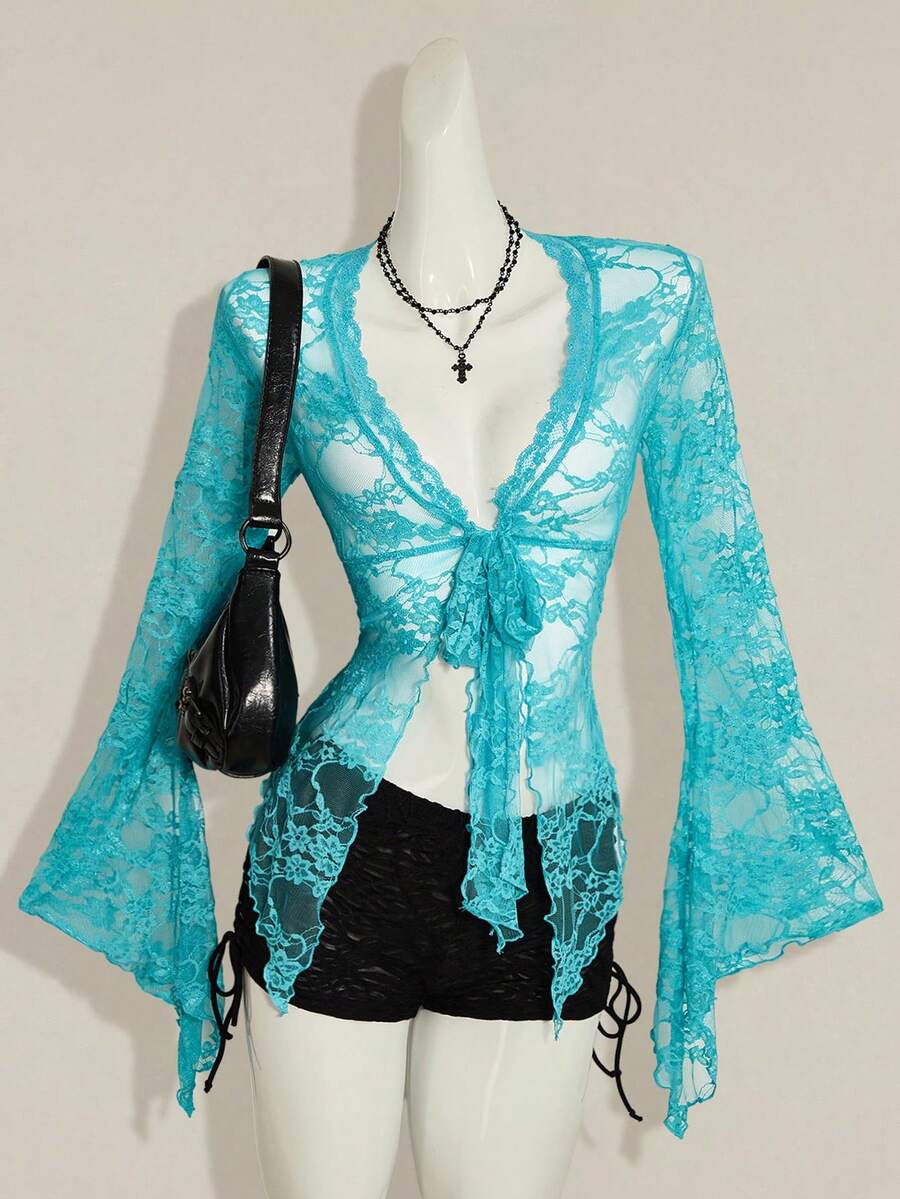 SHEIN ICON Y2k 女款西式鄉村音樂會波希米亞嬉皮哥德風透視酒紅色性感蕾絲扭轉前襟長袖開襟衫 - 藍色 - 查看 1