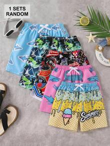 SHEIN Kids Tween Boy Japanese & Korean Style Casual Versatile Comfortable Coconut Tree Print Pattern Loose Patchwork Tight Inner Lining Woven Loose Swim Shorts Beach Pants - Multicolor - View 2
