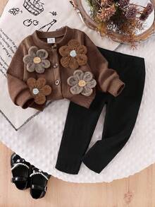 SHEIN Infant/Toddler (Girl) Chocolate Brown Black Ribbed Long Sleeve Cardigan Jacket With Large Flower Decoration, Solid Color Long Pants 2-Piece Set Spring - Brown - View 1