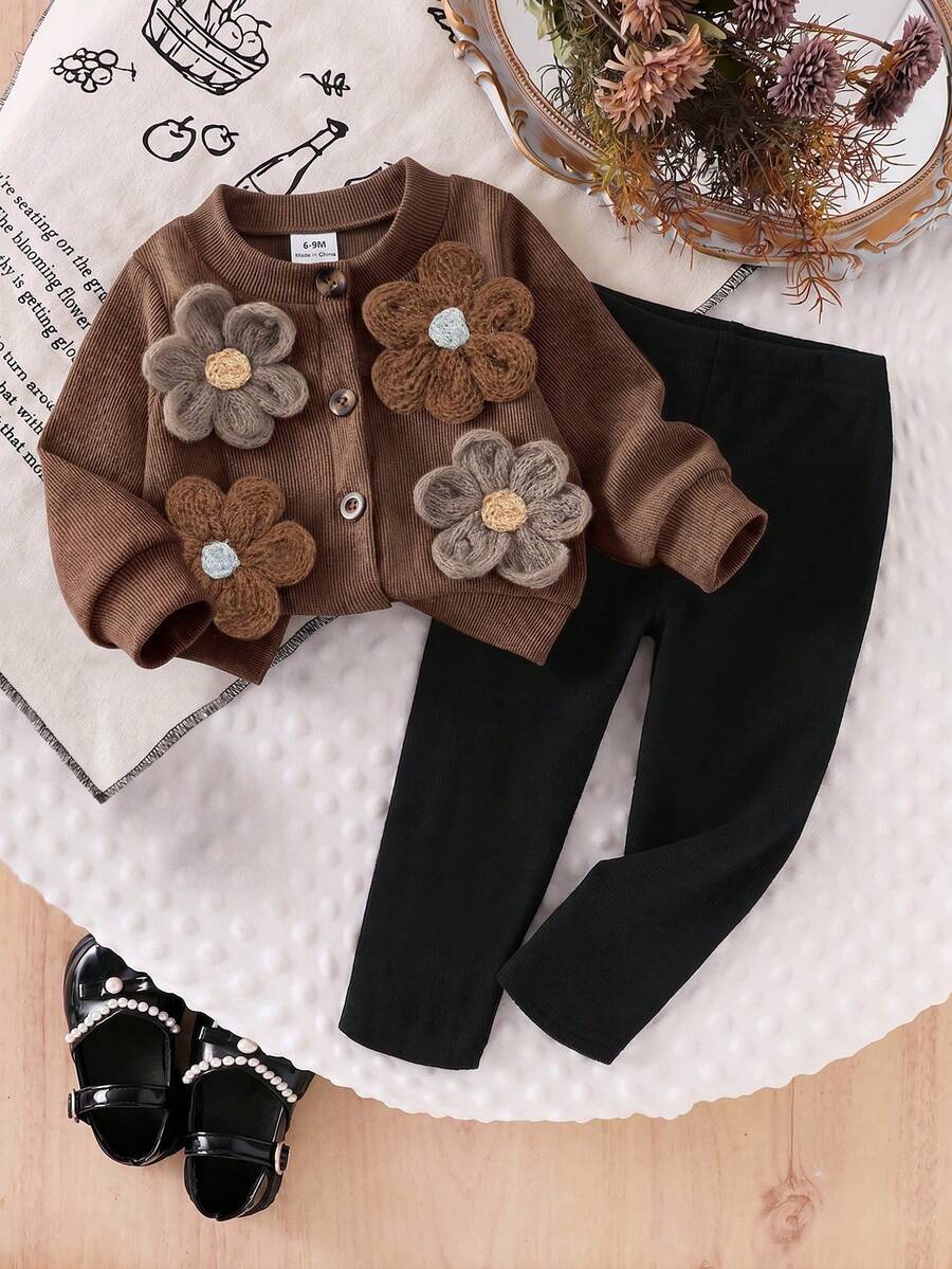 SHEIN Infant/Toddler (Girl) Chocolate Brown Black Ribbed Long Sleeve Cardigan Jacket With Large Flower Decoration, Solid Color Long Pants 2-Piece Set Spring - Brown - View 1