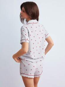 Elorette 粉色格子樱桃印花衬衫领短袖短裤睡衣套装（女款） - 藍色 - 查看 3
