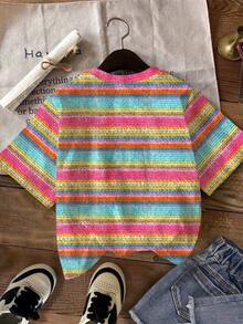 Young Girl Casual Simple Cute Fun Textured Yellow With 3D Flower Pattern, Round Neck Short Sleeve T-Shirt Suitable For Summer, Graphic Tee, Cozy, Tops - Multicolor - View 3
