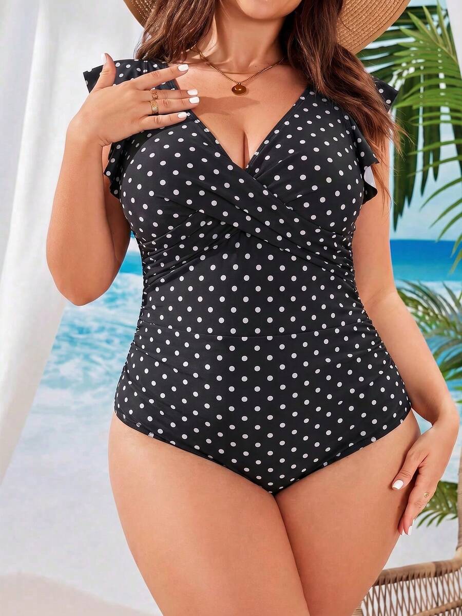 Swim Lushoire 大尺碼女款波點印花交叉式連身泳衣 - 黑與白 - 查看 1