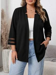 SHEIN CURVE+ 大尺碼女款時尚優雅休閒網格拼接西裝外套，適合夏季教師節、辦公室、晚宴正式場合，黑色 - 黑色 - 查看 3