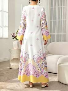 SHEIN Najma 幾何與花卉花瓶形狀印花女款時尚V領長袖花卉洋裝，花卉圖案淡粉色優雅長版洋裝，袖口橘色拼接設計，舒適女裝適合春夏季 - 彩色 - 查看 2