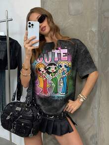 THE POWERPUFF GIRLS X SHEIN Women's Casual Letter & Cartoon Print Short Sleeve T-Shirt, Versatile For Daily Wear - White - View 4