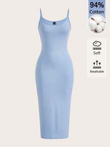 SHEIN BASICS 女款素色貼身優雅細肩帶洋裝 - 灰藍色 - 查看 3
