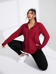 SHEIN Rhythm Era 大尺碼女款翻領拉鍊時尚寬鬆運動上衣 - 酒紅色 - 查看 3