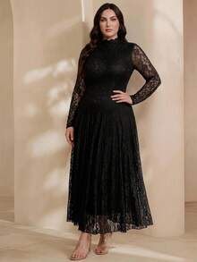 Graceveil Vestido de mujer estilo francés con cuello alto, encaje y cintura ceñida, elegante para vacaciones, color negro - Negro - Ver 3