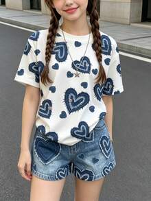 SHEIN 夏季甜美可愛青少年女孩圓領短袖愛心圖案T恤藍色短褲2件套 - 彩色 - 查看 3