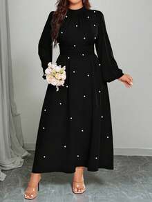Elenzga Women's Plus Size High Waist Long Sleeve Dress - Black - View 4
