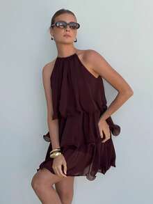 Lavishia Women's Ruffle Hem A-Line Mini Dress, Elegant Sexy For Vacation And Party Night Out Night Out Burgundy Summer - Coffee Brown - View 7