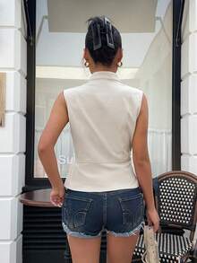 SHEIN PETITE CURVE 大尺碼女款修身拉鍊前開拿破崙/軍裝風夾克背心，女夏季服飾，外出、鄉村音樂會穿搭 - 卡其色 - 查看 2