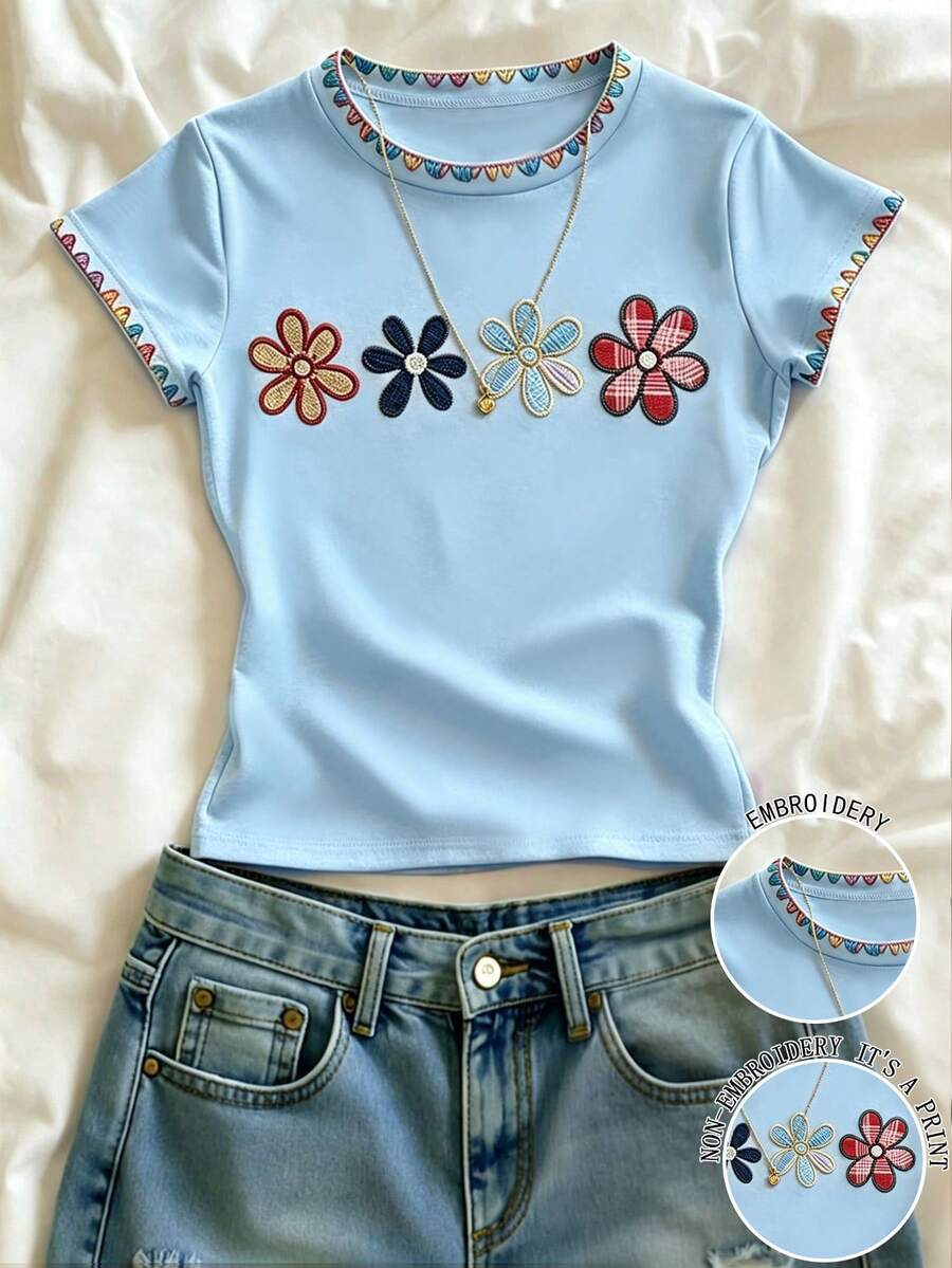 SHEIN Women's Floral Embroidered Round Neck Short Sleeve T-Shirt Suitable For Daily Wear - Blue - View 1