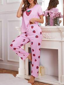 SHEIN Casual Underwear&Sleepwear 女款圓領草莓印花短袖上衣與長褲休閒日常睡衣套裝 - 彩色 - 查看 3