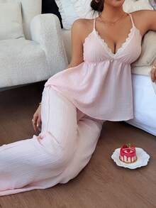 Napfluff Women's Lace Patchwork Pleated Camisole Top And Long Pants Casual Daily Home Pajama Set - Pink - View 6