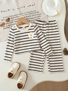 SHEIN Baby Girl Knit Striped Floral Round Neck Top And Long Pants Set - Multicolor - View 3