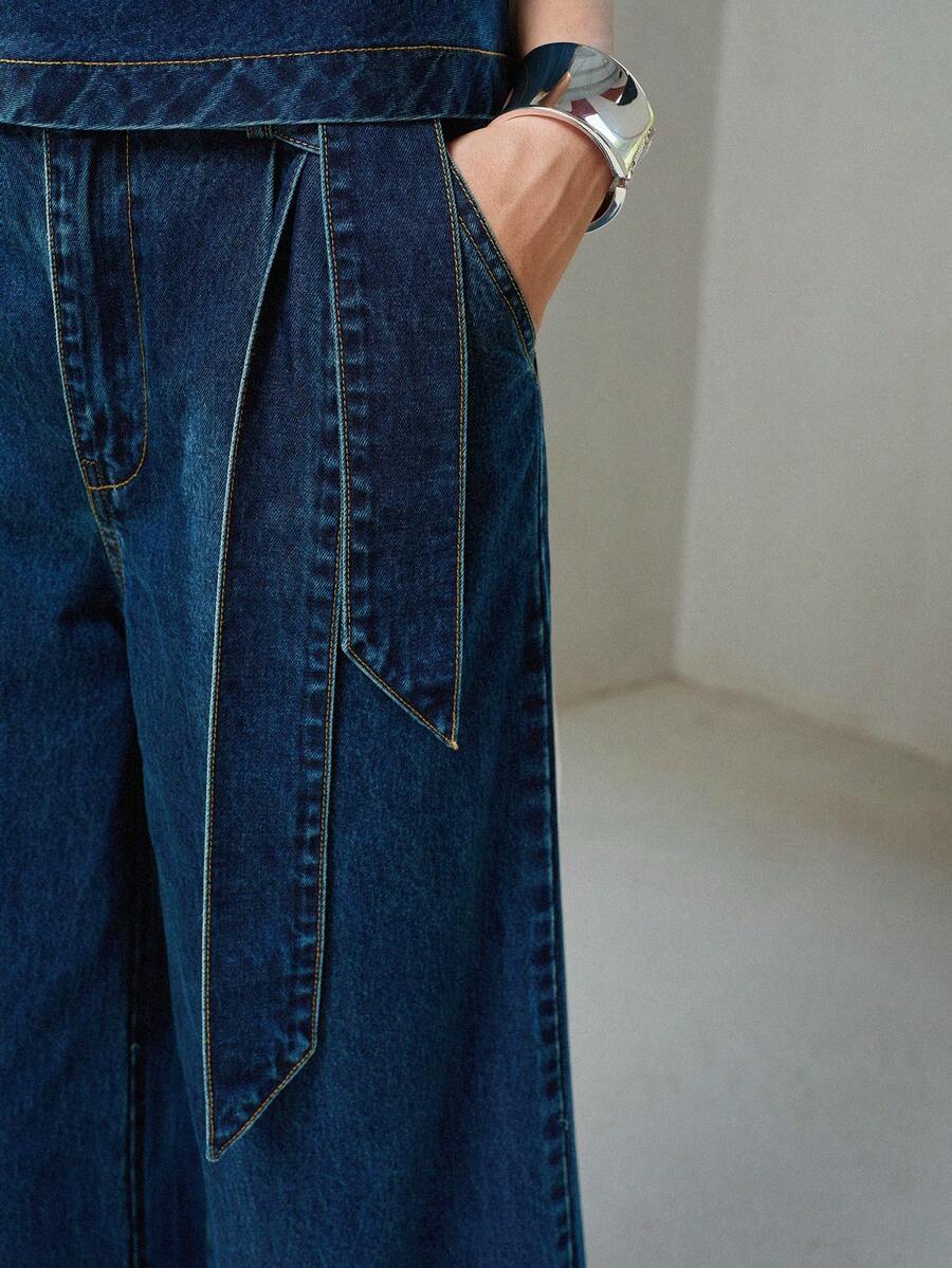 MOTF PREMIUM WOMEN'S TENCEL LYOCELL BELTED LOOSE WIDE LEG JEANS - Blue - View 2