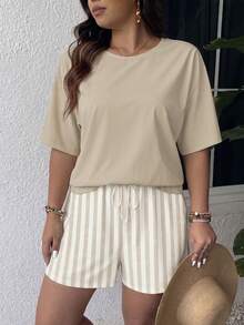 SHEIN Frenchy Summer New Vacation T-Shirt And Shorts Striped Print Plus Size Women's Two Pieces Set - White - View 6