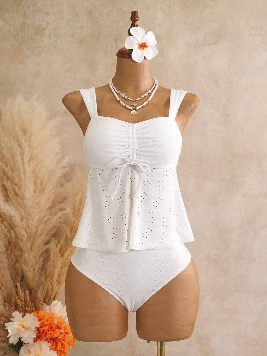SHEIN Swim 2026 New Spring Summer Plus Size Women's New Fabric Drawstring Bust Skirt Style Wide Strap Top With Regular Triangle Bottom Sexy Casual Beach Party Swimwear Set - White - View 1