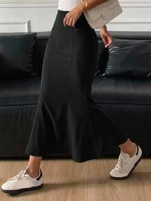 Wynsel Women's Elegant Solid Color Mermaid Hem Fitted Skirt,Ruffle - Black - View 7