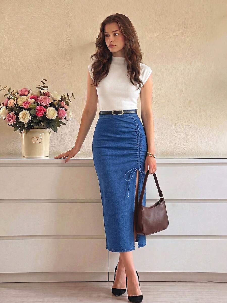 Selenza Falda vaquera con abertura en el muslo y cordón ajustable - Azul lavado medio - Ver 1