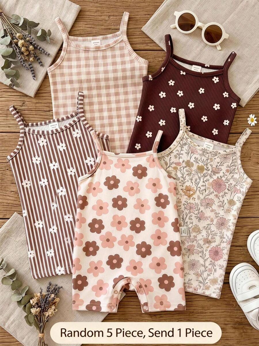 SHEIN LMoss Kids 女嬰休閒無袖連身褲，花卉與深棕色調，可愛復古風條紋花卉印花，完美設計 - 彩色 - 查看 1