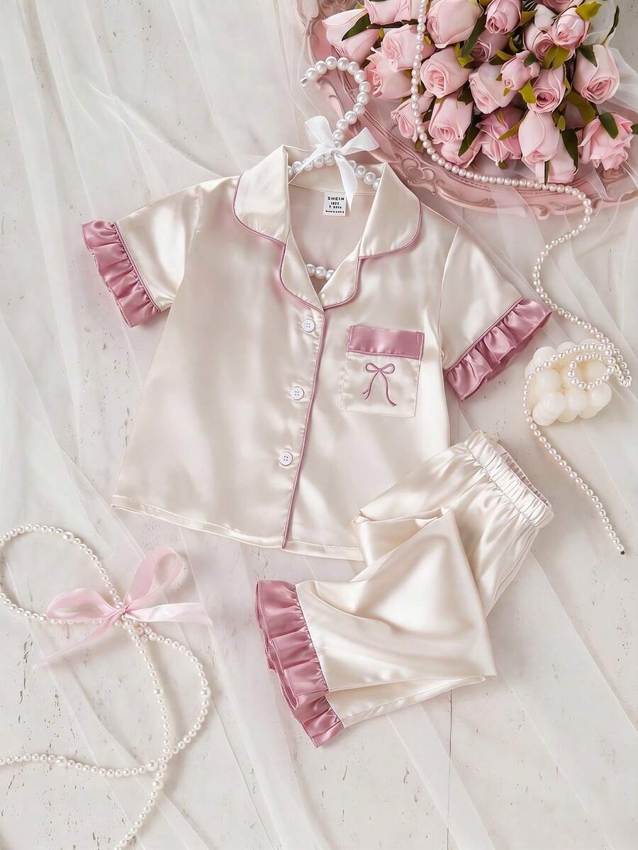 Baby Girl Solid Color Short Sleeve Long Pants Bow Embroidery Ruffle Trim 2-Piece Loungewear Set Spring Summer - Champagne - View 1
