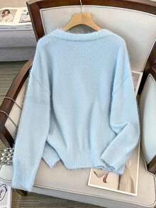 GlowEve CURVE Plus Size Casual V-Neck Long Sleeve Cardigan - Blue - View 2