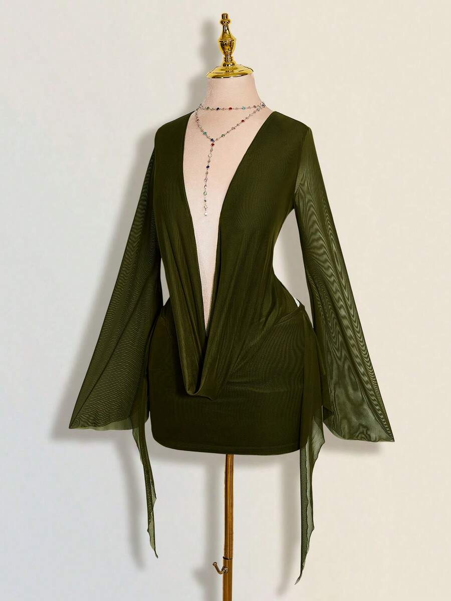 SHEIN ICON Sexy Oversized Cowl Neck Mesh Patchwork Backless Mini Dress - Army Green - View 1