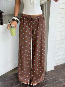 Sunnyshic Women's Polka Dot Decor Straight Leg Loose Fit Pants - Coffee Brown - View 4