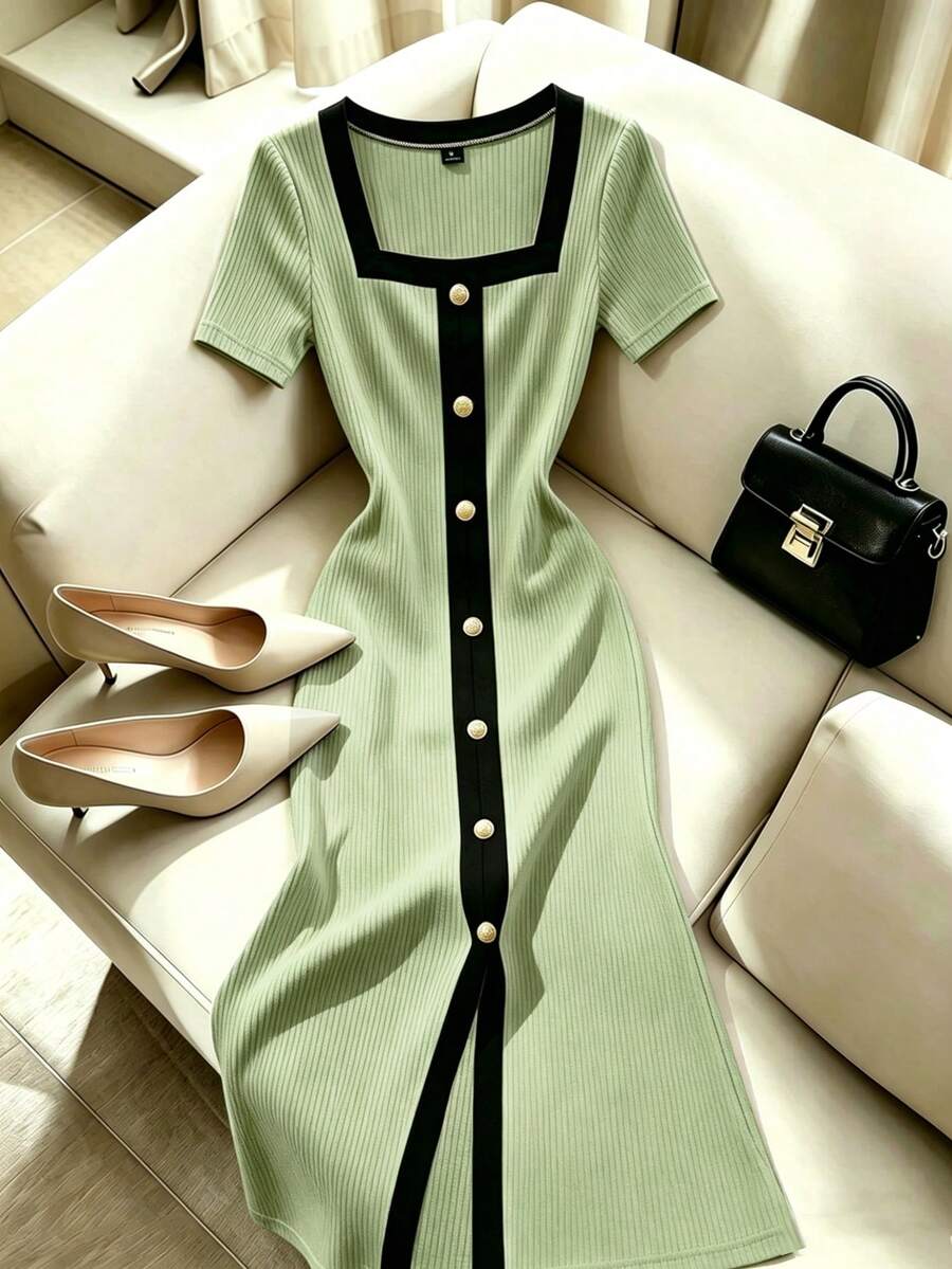 Franclia French Style Colorblock Square Neck Trim Button Front Slit Hem ...
