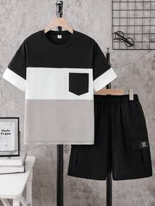 2pcs Boys' Simple Casual Colorblock Knit Crew Neck Pullover T-Shirt And Woven Loose Straight Leg Shorts Set, Fashionable Fit, Comfortable Fabric, Suitable For Spring, Summer And Autumn, Versatile For Multiple Occasions - Multicolor - View 3