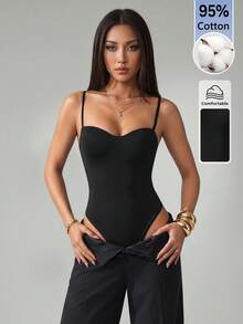 SHEIN PETITE 95%棉、加墊、免內衣、休閒、極簡、復古、優雅、百搭，適合上班、海灘裝、度假穿搭，女款夏季套裝，性感無肩帶露背女式連身衣 - 黑色 - 查看 4