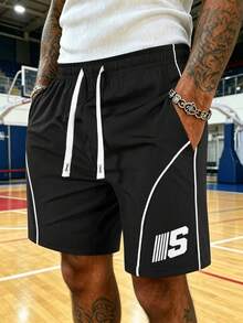 Gym Rark American Streetwear Letter Print Sports Shorts For Men, Black And White Contrast Line Drawstring Training Shorts, Gym - Black - View 5