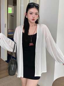 Dazy Plus Solid Color Loose Long Sleeve White Cover Up Open Front Plus Size Women Spring Summer Autumn Thin Jacket - White - View 3